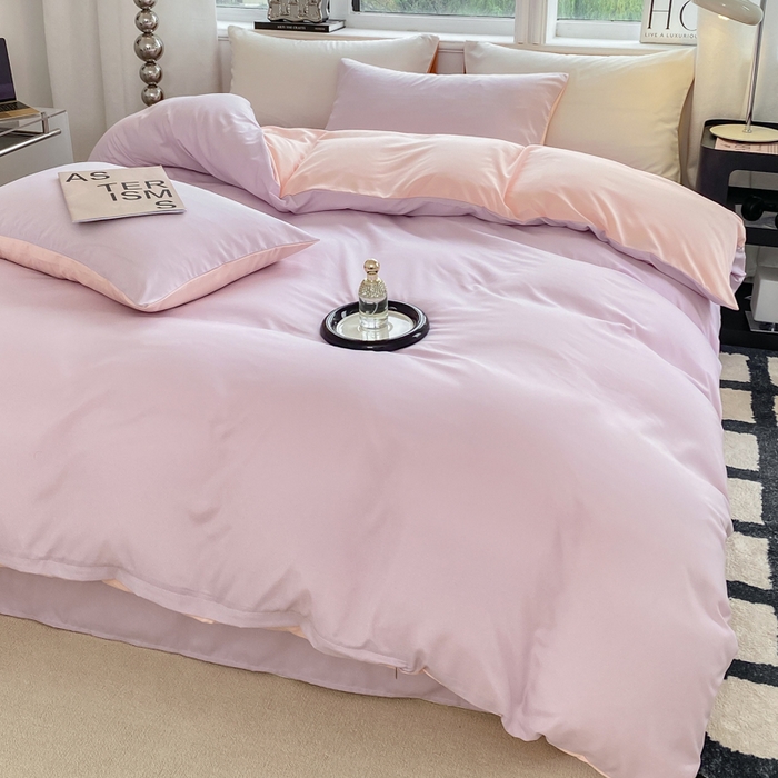 91家纺网 家纺一手货源 找家纺 芷凡家纺 2024新款亲肤棉纯色双拼四件套 丁香紫+奶油粉