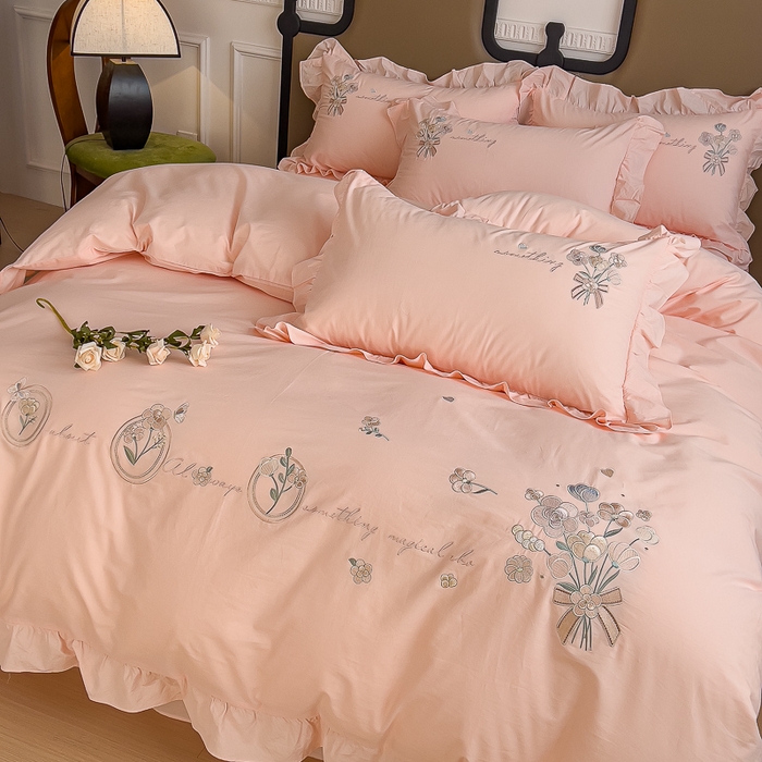 91家纺网 家纺一手货源 找家纺 U品汇 A类全棉色织水洗棉刺绣花四件套纯棉100%韩版小清新 温婉-粉玉