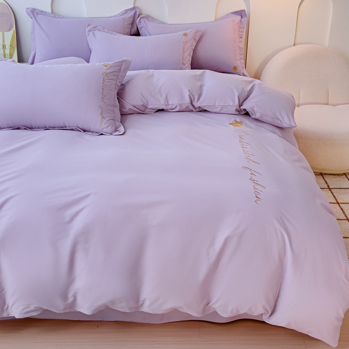 91家纺网 家纺一手货源 找家纺 U品汇 A类全棉色织水洗棉刺绣花四件套纯棉100%床单被套 可可小香-浅紫