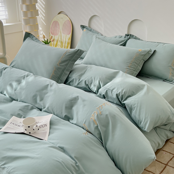 91家纺网 家纺一手货源 找家纺 U品汇 A类全棉色织水洗棉刺绣花四件套纯棉100%床单被套 可可小香-艾草绿