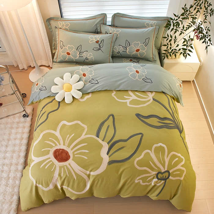 91家纺网 家纺一手货源 找家纺 启航家居 2025春夏直播爆款全棉大版印花四件套 绒朵绿