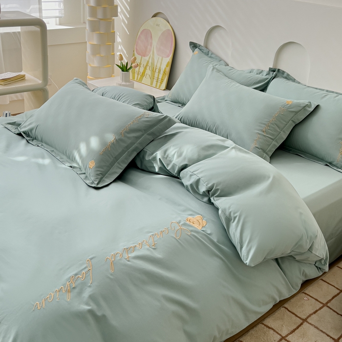 91家纺网 家纺一手货源 找家纺 U品汇 A类全棉色织水洗棉刺绣花四件套纯棉100%床单被套 可可小香-艾草绿
