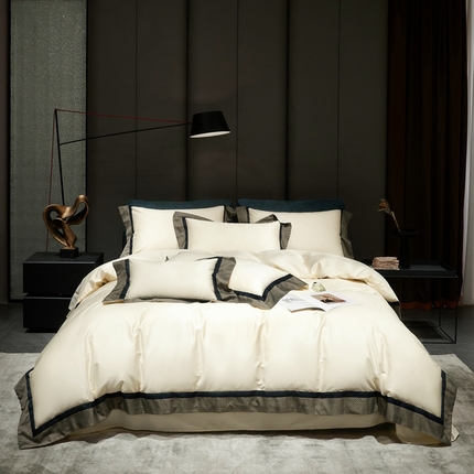 91家纺网 家纺一手货源 找家纺 时亿家居 2024新款100支色织拼接长绒棉四件套-邂逅 邂逅奶香槟