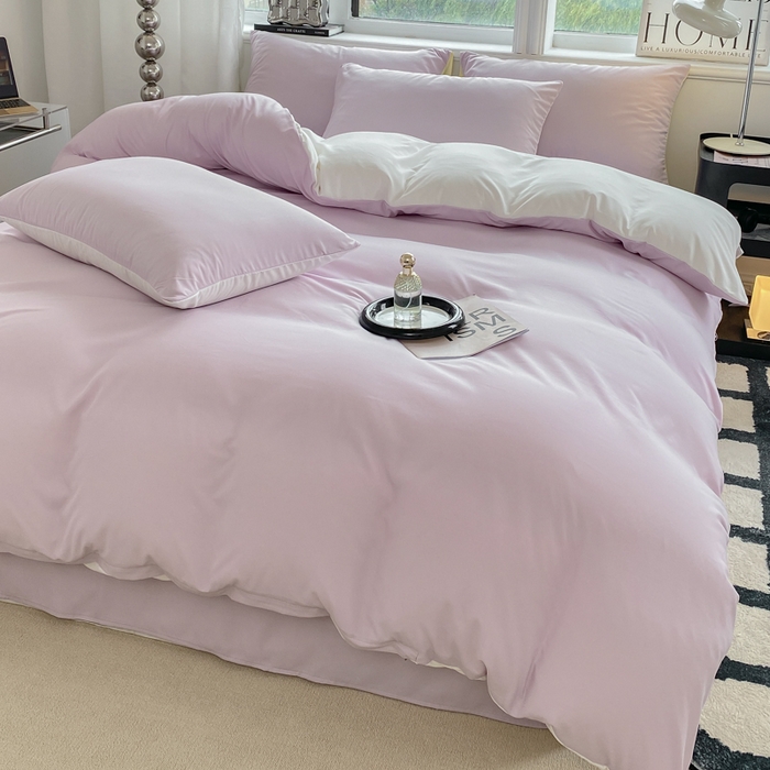 91家纺网 家纺一手货源 找家纺 芷凡家纺 2024新款亲肤棉纯色双拼四件套 丁香紫+奶白