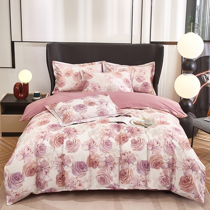 雲归梦 2024新款全棉铂金棉数码印花四件套 粉妆梦媛 粉