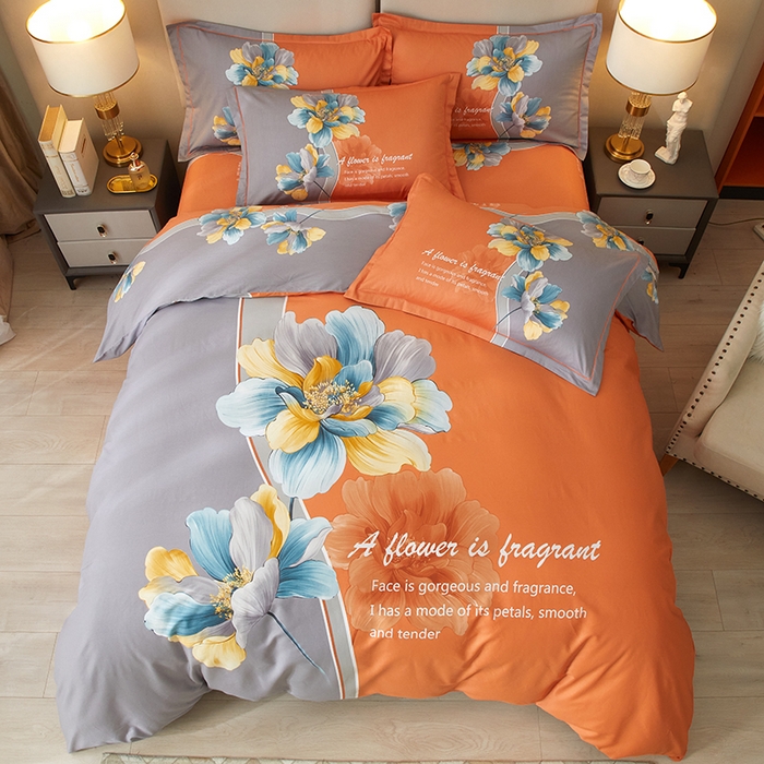 91家纺网 家纺一手货源 找家纺 启航家居 2025春夏直播爆款全棉大版印花四件套 沐雅清风桔