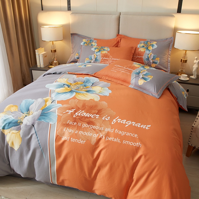 91家纺网 家纺一手货源 找家纺 启航家居 2025春夏直播爆款全棉大版印花四件套 沐雅清风桔