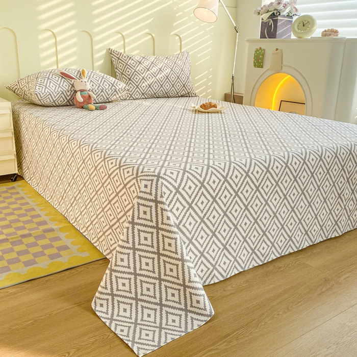 91家纺网 家纺一手货源 找家纺 寐眠 2024新款全棉老粗布印花床单床盖 时尚灰格