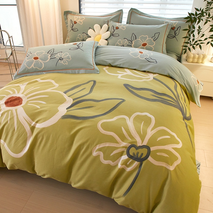 91家纺网 家纺一手货源 找家纺 启航家居 2025春夏直播爆款全棉大版印花四件套 绒朵绿