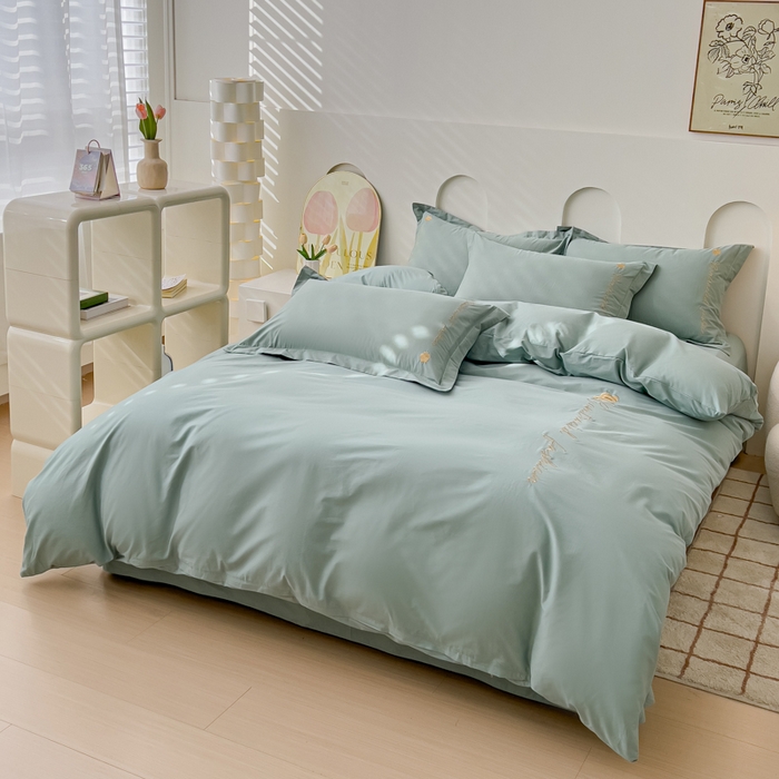 91家纺网 家纺一手货源 找家纺 U品汇 A类全棉色织水洗棉刺绣花四件套纯棉100%床单被套 可可小香-艾草绿