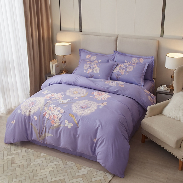 91家纺网 家纺一手货源 找家纺 启航家居 2025春夏直播爆款全棉大版印花四件套 兰亭若梦紫