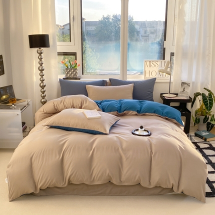 91家纺网 家纺一手货源 找家纺 芷凡家纺 2024新款亲肤棉纯色双拼四件套 灰驼+蓝色