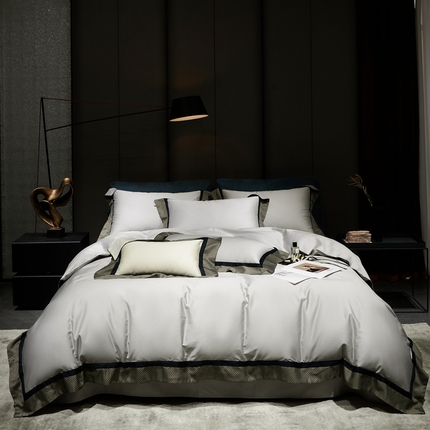 91家纺网 家纺一手货源 找家纺 时亿家居 2024新款100支色织拼接长绒棉四件套-邂逅 邂逅气质灰