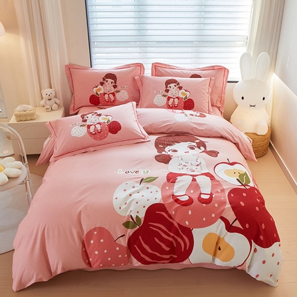启航家居 2025春夏直播爆款全棉大版印花四件套 小苹果粉