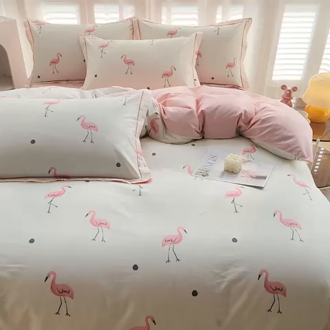 91家纺网 家纺一手货源 找家纺 雲归梦 2024新款全棉活性13372印花四件套 火烈鸟 米