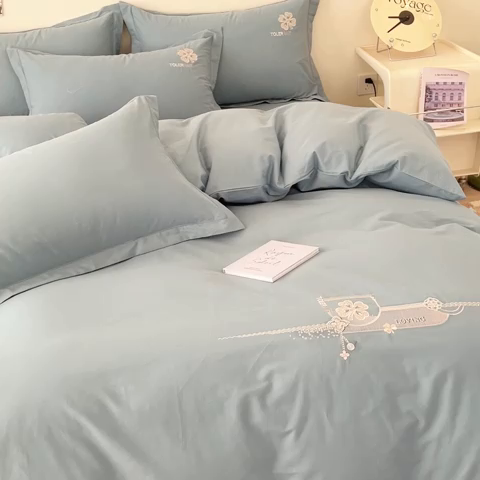 91家纺网 家纺一手货源 找家纺 U品汇 A类全棉色织水洗棉刺绣花四件套纯棉100%床单被套 莫丽-浅蓝