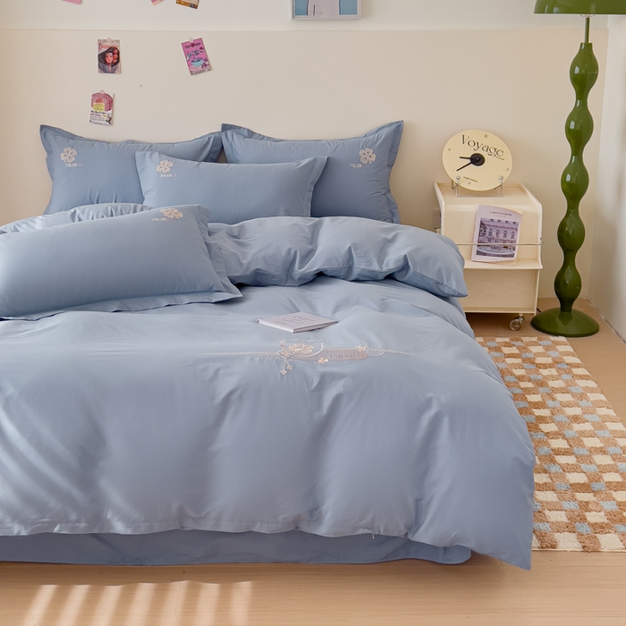 91家纺网 家纺一手货源 找家纺 U品汇 A类全棉色织水洗棉刺绣花四件套纯棉100%床单被套 莫丽-浅蓝