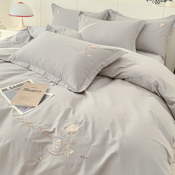 91家纺网 家纺一手货源 找家纺 U品汇 A类全棉色织水洗棉刺绣花四件套纯棉100%床单被套 花野-罗马灰