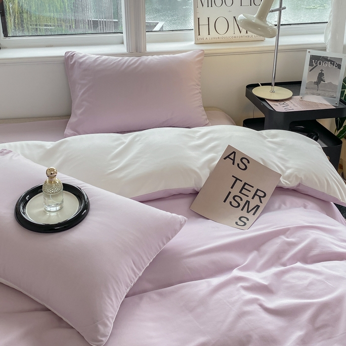 91家纺网 家纺一手货源 找家纺 芷凡家纺 2024新款亲肤棉纯色双拼四件套 丁香紫+奶白