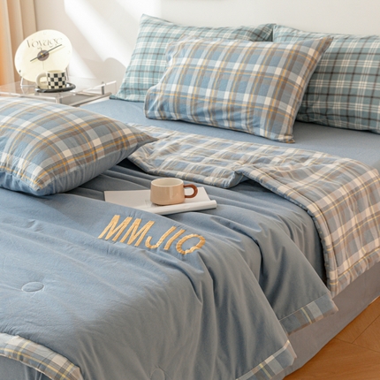 寐眠 2024新款全棉水洗棉刺绣夏被夏被四件套 冰晶苍蓝