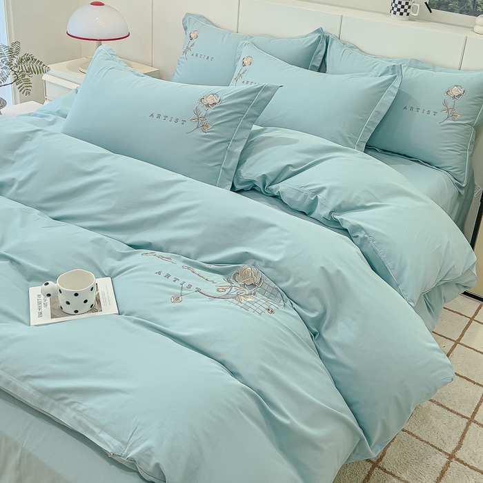 91家纺网 家纺一手货源 找家纺 U品汇 A类全棉色织水洗棉刺绣花四件套纯棉100%床单被套 花野-水碧兰