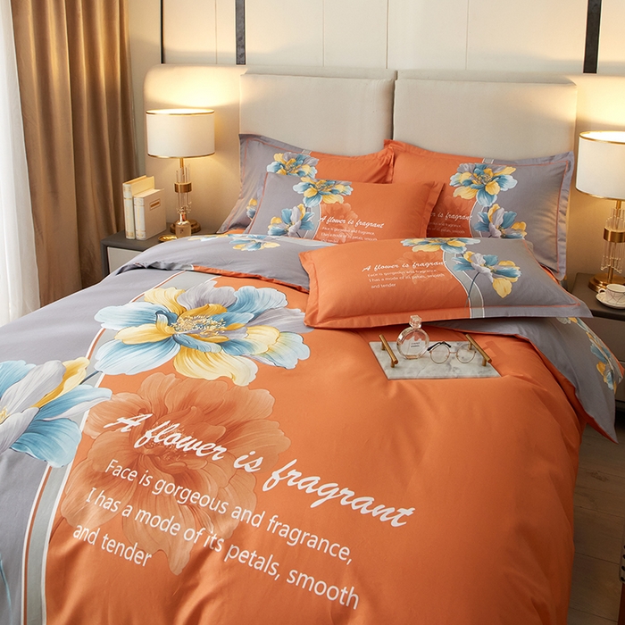 91家纺网 家纺一手货源 找家纺 启航家居 2025春夏直播爆款全棉大版印花四件套 沐雅清风桔