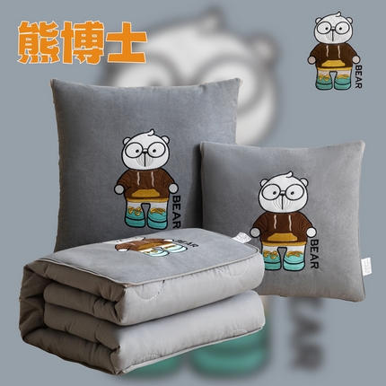 铭宣家居 2024新款加厚雪花呢贴布绣多功能抱枕被-熊博士 熊博士-高级灰