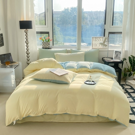 91家纺网 家纺一手货源 找家纺 芷凡家纺 2024新款亲肤棉纯色双拼四件套 奶黄+蓝灰