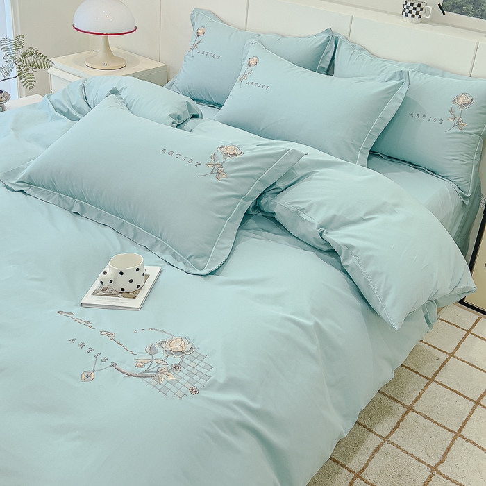 91家纺网 家纺一手货源 找家纺 U品汇 A类全棉色织水洗棉刺绣花四件套纯棉100%床单被套 花野-水碧兰