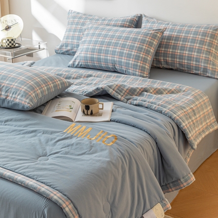 寐眠 2024新款全棉水洗棉刺绣夏被夏被四件套 冰川苍蓝