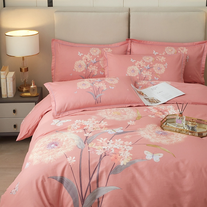 91家纺网 家纺一手货源 找家纺 启航家居 2025春夏直播爆款全棉大版印花四件套 兰亭若梦粉