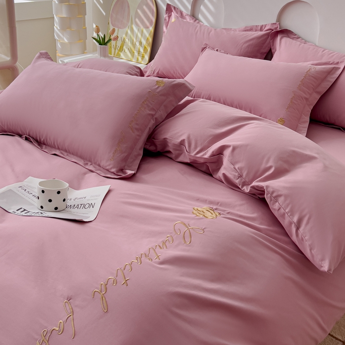 91家纺网 家纺一手货源 找家纺 U品汇 A类全棉色织水洗棉刺绣花四件套纯棉100%床单被套 可可小香-雅朵粉