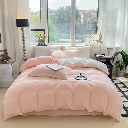 91家纺网 家纺一手货源 找家纺 芷凡家纺 2024新款亲肤棉纯色双拼四件套 奶油粉+奶白