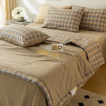 寐眠 2024新款全棉水洗棉刺绣夏被夏被四件套 肉桂奶棕