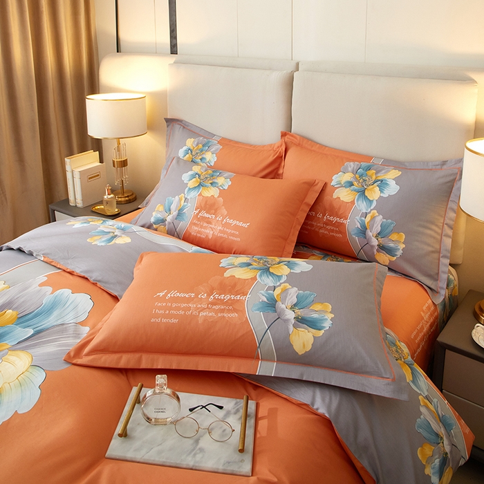 91家纺网 家纺一手货源 找家纺 启航家居 2025春夏直播爆款全棉大版印花四件套 沐雅清风桔