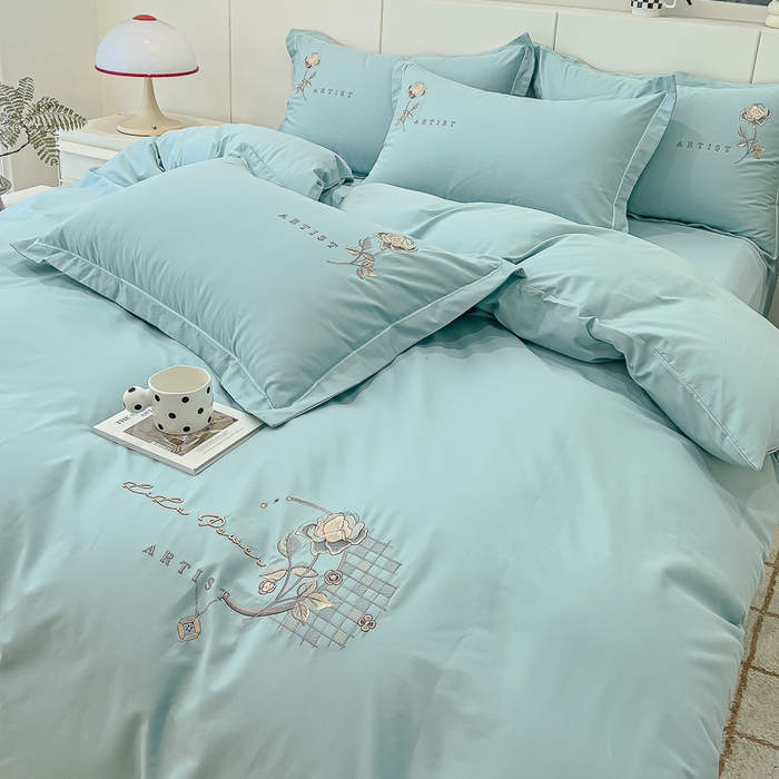 91家纺网 家纺一手货源 找家纺 U品汇 A类全棉色织水洗棉刺绣花四件套纯棉100%床单被套 花野-水碧兰