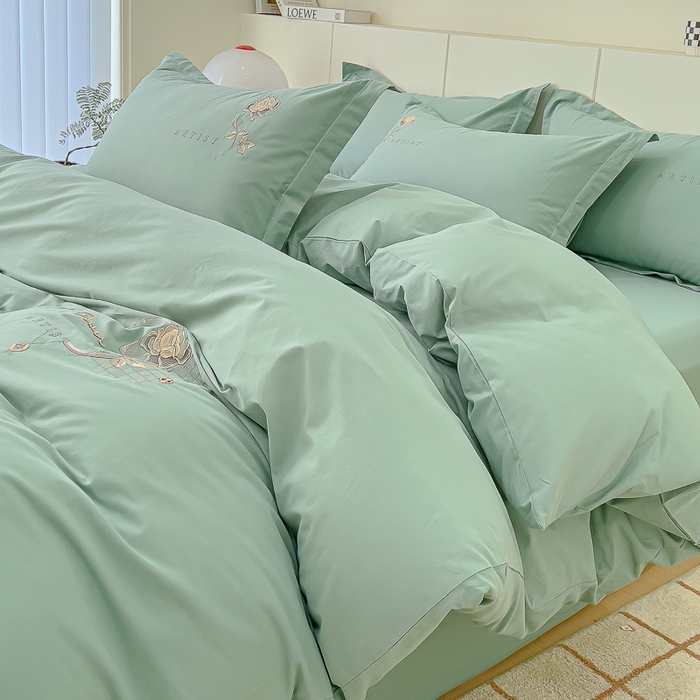 91家纺网 家纺一手货源 找家纺 U品汇 A类全棉色织水洗棉刺绣花四件套纯棉100%床单被套 花野-艾草绿
