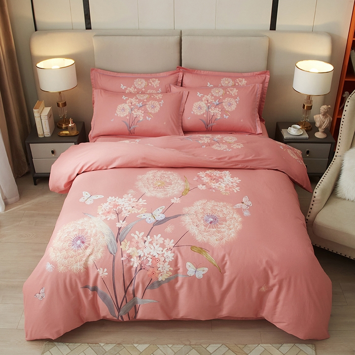 91家纺网 家纺一手货源 找家纺 启航家居 2025春夏直播爆款全棉大版印花四件套 兰亭若梦粉