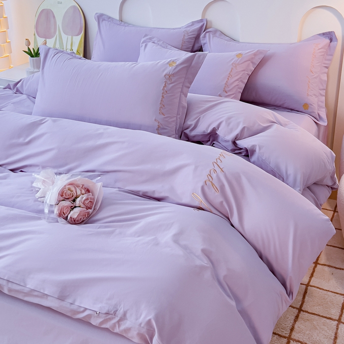 91家纺网 家纺一手货源 找家纺 U品汇 A类全棉色织水洗棉刺绣花四件套纯棉100%床单被套 可可小香-浅紫