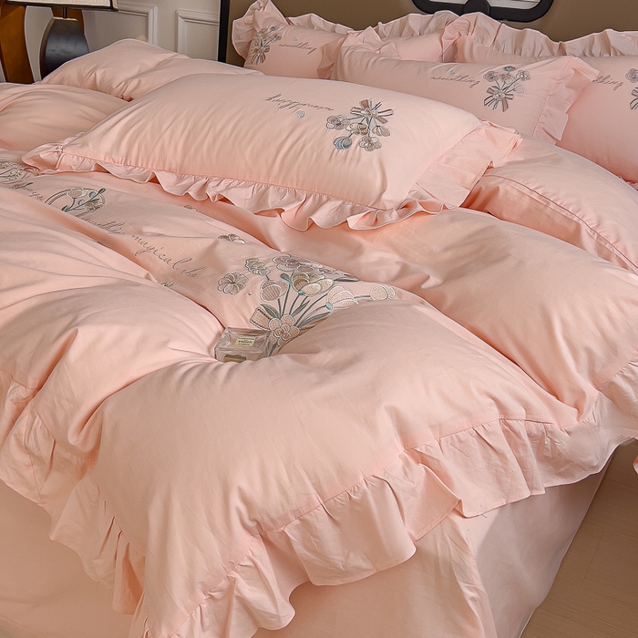 91家纺网 家纺一手货源 找家纺 U品汇 A类全棉色织水洗棉刺绣花四件套纯棉100%韩版小清新 温婉-粉玉