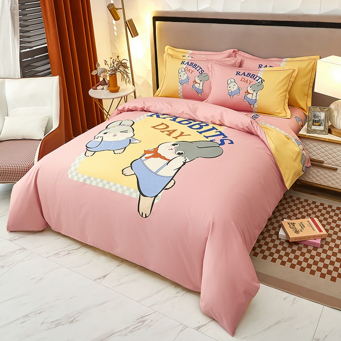 91家纺网 家纺一手货源 找家纺 雲归梦 2024新款全棉活性13372印花四件套 波比兔-粉