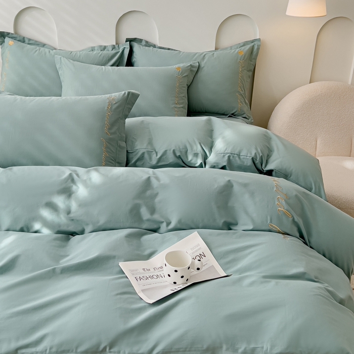 91家纺网 家纺一手货源 找家纺 U品汇 A类全棉色织水洗棉刺绣花四件套纯棉100%床单被套 可可小香-艾草绿