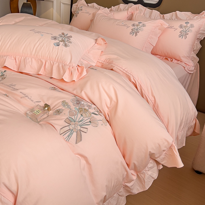 91家纺网 家纺一手货源 找家纺 U品汇 A类全棉色织水洗棉刺绣花四件套纯棉100%韩版小清新 温婉-粉玉