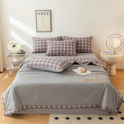 91家纺网 家纺一手货源 找家纺 寐眠 2024新款全棉水洗棉刺绣夏被夏被四件套 冷翠灰棕