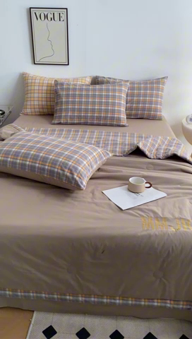 91家纺网 家纺一手货源 找家纺 寐眠 2024新款全棉水洗棉刺绣夏被夏被四件套 冷翠灰棕