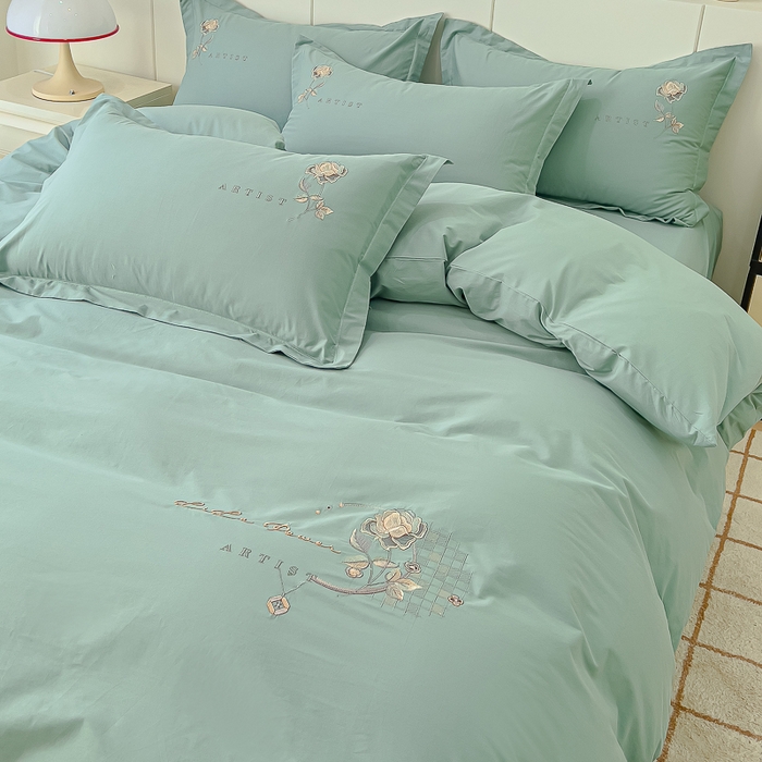 91家纺网 家纺一手货源 找家纺 U品汇 A类全棉色织水洗棉刺绣花四件套纯棉100%床单被套 花野-艾草绿