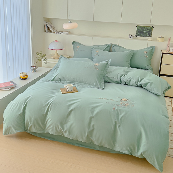 91家纺网 家纺一手货源 找家纺 U品汇 A类全棉色织水洗棉刺绣花四件套纯棉100%床单被套 花野-艾草绿