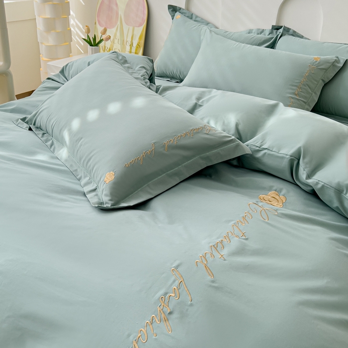 91家纺网 家纺一手货源 找家纺 U品汇 A类全棉色织水洗棉刺绣花四件套纯棉100%床单被套 可可小香-艾草绿