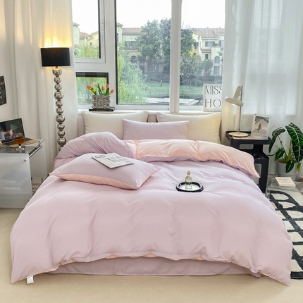 91家纺网 家纺一手货源 找家纺 芷凡家纺 2024新款亲肤棉纯色双拼四件套 丁香紫+奶油粉