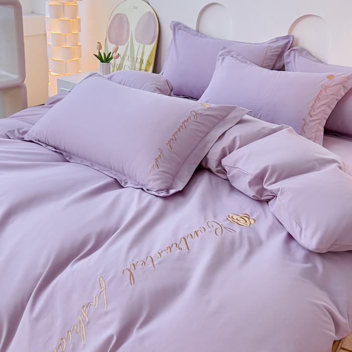 91家纺网 家纺一手货源 找家纺 U品汇 A类全棉色织水洗棉刺绣花四件套纯棉100%床单被套 可可小香-浅紫